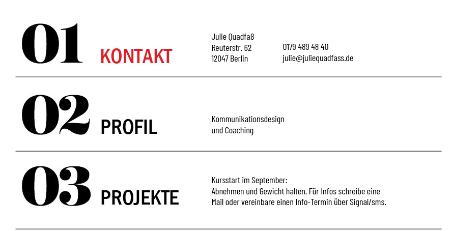 julie quadfass Gestaltung. Kontaktdaten
